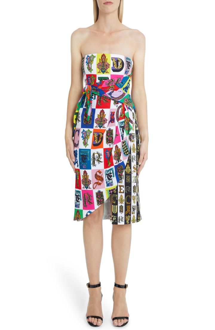 Women's Versace First Line Alphabet Print Strapless Sheath Dress