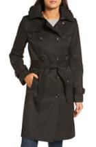 Women's London Fog Hooded Double Breasted Long Trench Coat - Black