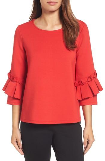 Petite Women's Halogen Box Pleat Ruffle Sleeve Top P - Red
