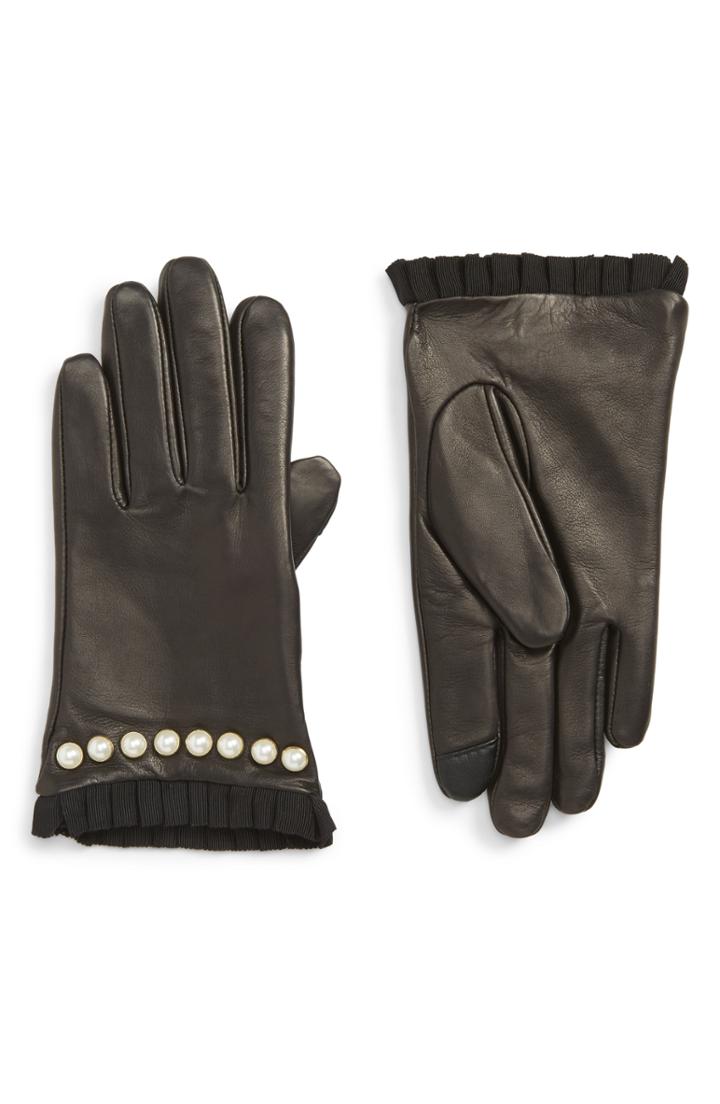 Women's Echo Imitation Pearl Trim Leather Touchscreen Gloves
