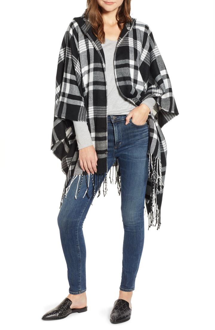 Women's Treasure & Bond Plaid Hooded Poncho, Size - Black