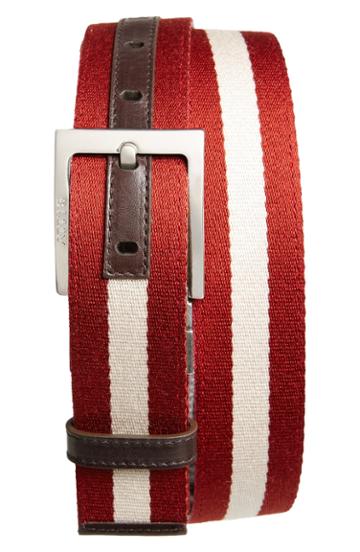 Men's Bally 'tonni' Stripe Canvas & Leather Belt - Chocolate/ Red/ Beige