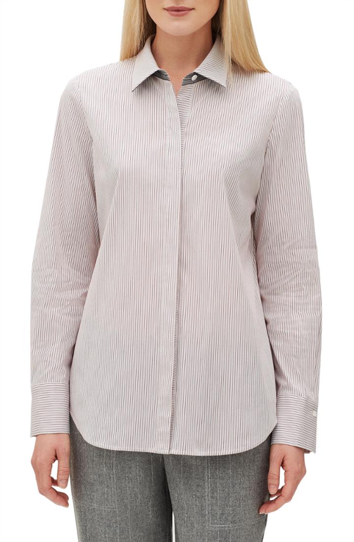 Women's Lafayette 148 New York Scottie Coy Stripe Shirting Blouse, Size - Burgundy