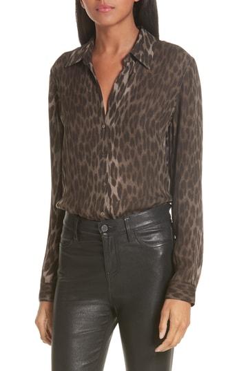 Women's L'agence Nina Leopard Print Silk Blouse, Size - Green