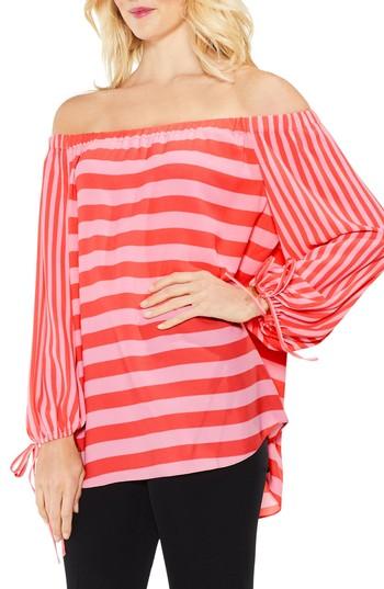 Women's Vince Camuto Off The Shoulder Even Stripe Bubble Sleeve Top, Size - Orange