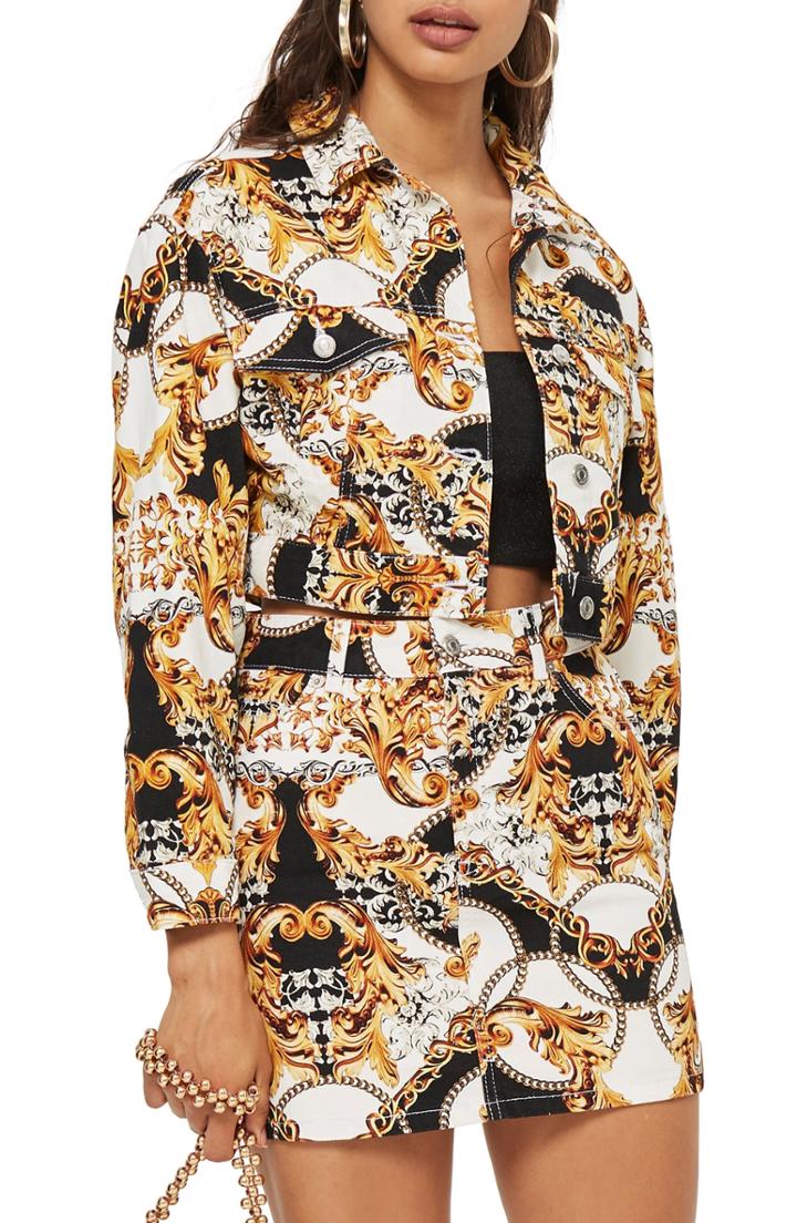 Women's Topshop Chain Print Denim Jacket Us (fits Like 0) - White