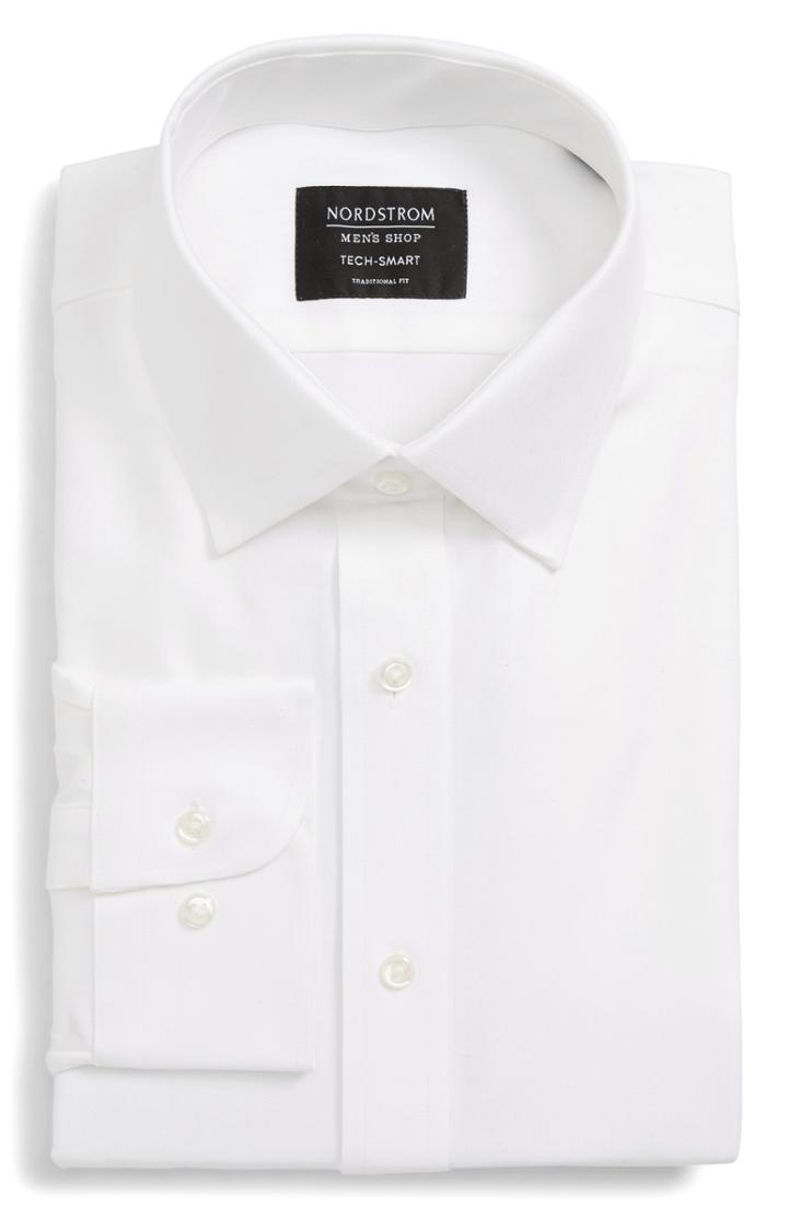 Men's Nordstrom Men's Shop Tech-smart Traditional Fit Stretch Herringbone Dress Shirt - 36/37 - White