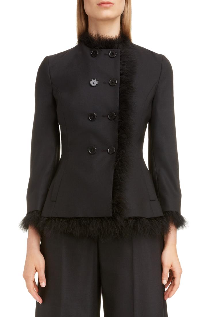 Women's Simone Rocha Marabou Trim Double Breasted Stretch Wool Jacket Us / 6 Uk - Black