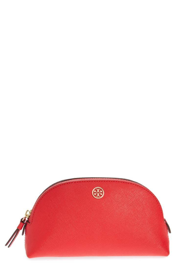 Tory Burch Robinson Small Leather Cosmetic Bag, Size - Brilliant Red