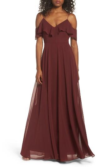 Women's Jenny Yoo Cold Shoulder Chiffon Gown - Red