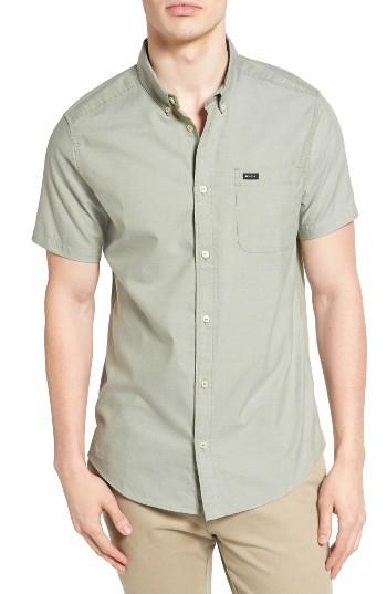 Men's Rvca 'that'll Do' Slim Fit Short Sleeve Oxford Shirt, Size - Green