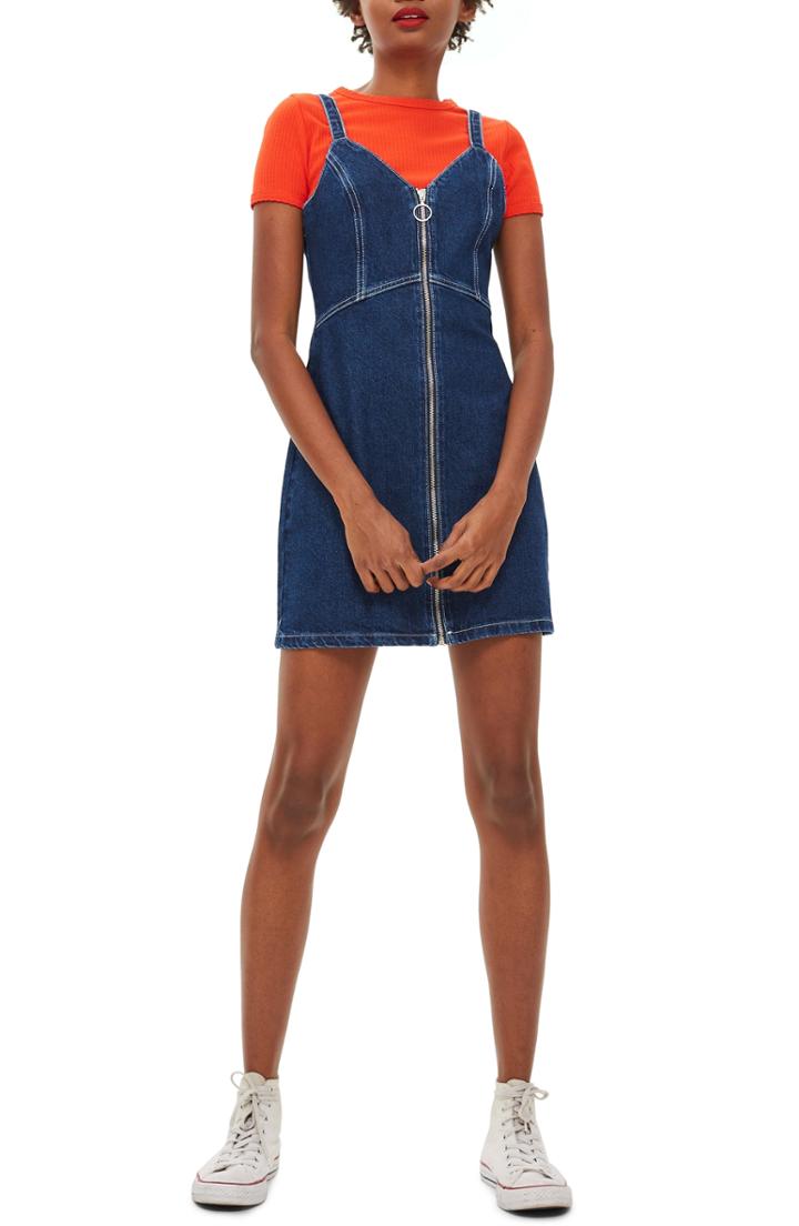 Women's Topshop Sleeveless Front Zip Denim Dress Us (fits Like 2-4) - Blue