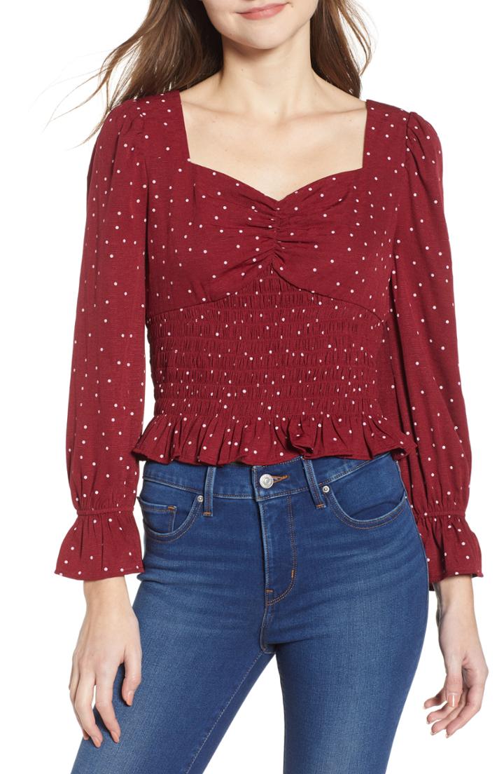 Women's Moon River Polka Dot Smocked Blouse - Burgundy