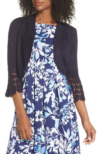 Women's Eliza J Crochet Sleeve Bolero Cardigan - Blue