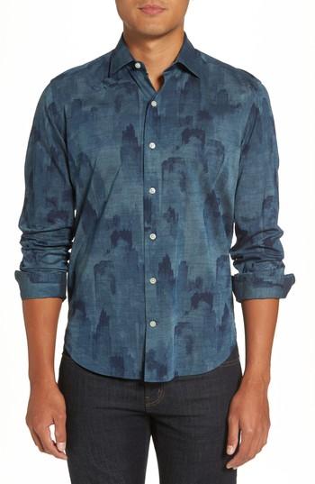 Men's Culturata Trim Fit Indigo Print Sport Shirt, Size - Blue