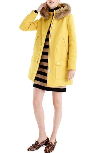 Women's J.crew Chateau Stadium Cloth Parka With Faux Fur Trim - Yellow