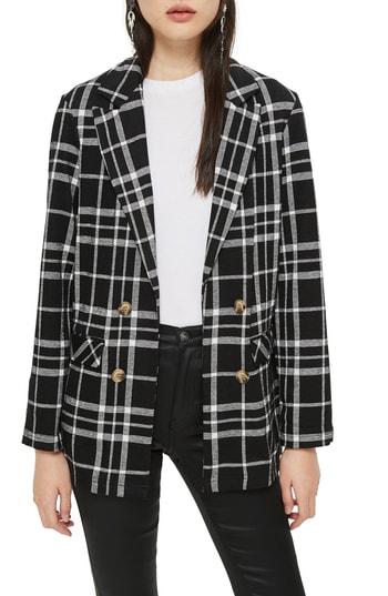 Women's Topshop Double Breasted Check Jacket Us (fits Like 6-8) - Black