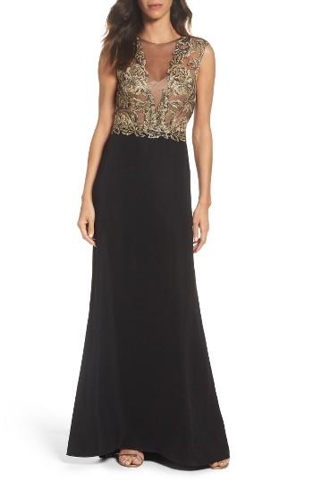 Women's Tadashi Shoji Embroidered Mesh & Crepe Gown