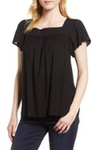 Petite Women's Vince Camuto Ruffle Sleeve Mix Media Cotton Blend Blouse P - Blue