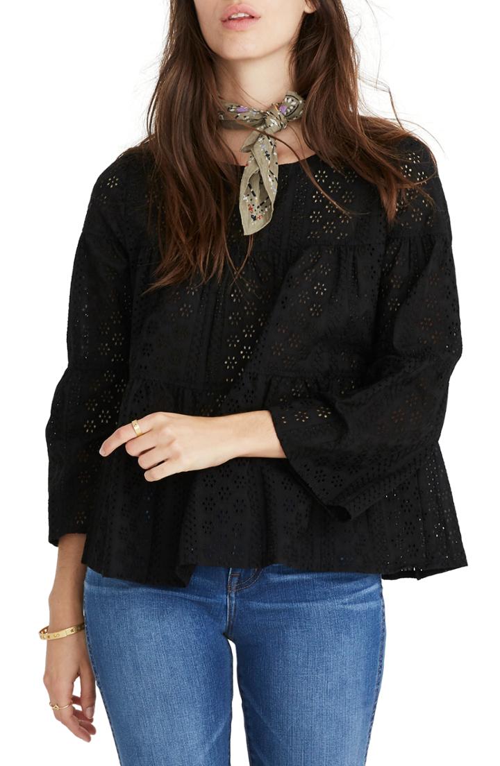 Women's Madewell Tiered Button Back Eyelet Top, Size - Black