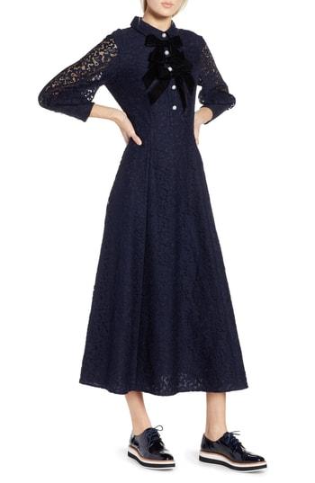 Women's Halogen X Atlantic-pacific Bow Detail Lace Midi Dress - Blue