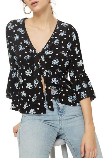 Women's Topshop Felicity Spot Floral Tie Front Blouse Us (fits Like 0) - Black