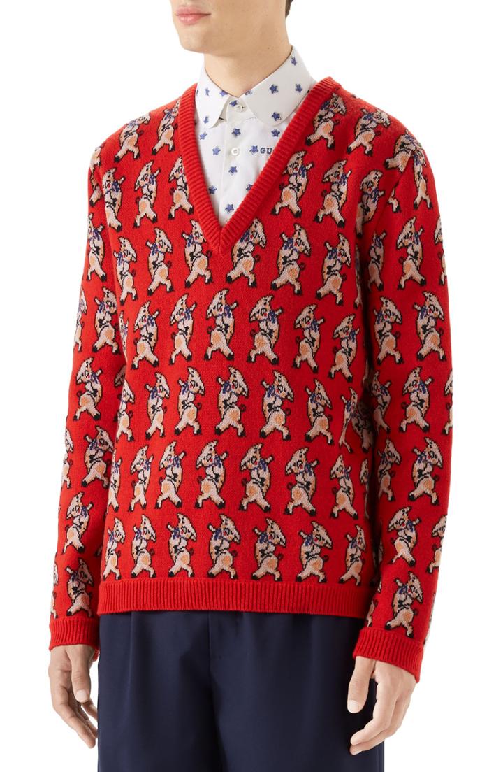 Men's Gucci Pig Wool V-neck Sweater - Red