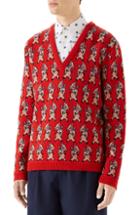 Men's Gucci Pig Wool V-neck Sweater - Red