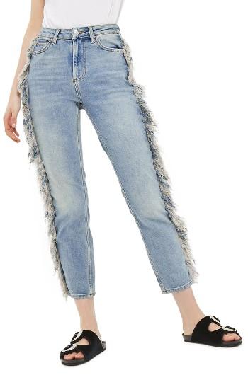 Women's Topshop Moto Fringe Straight Leg Jeans X 30 - Blue