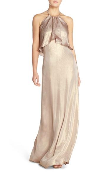 Women's Nouvelle Amsale 'lilith' Ruffle Bib Liquid Chiffon Halter Gown