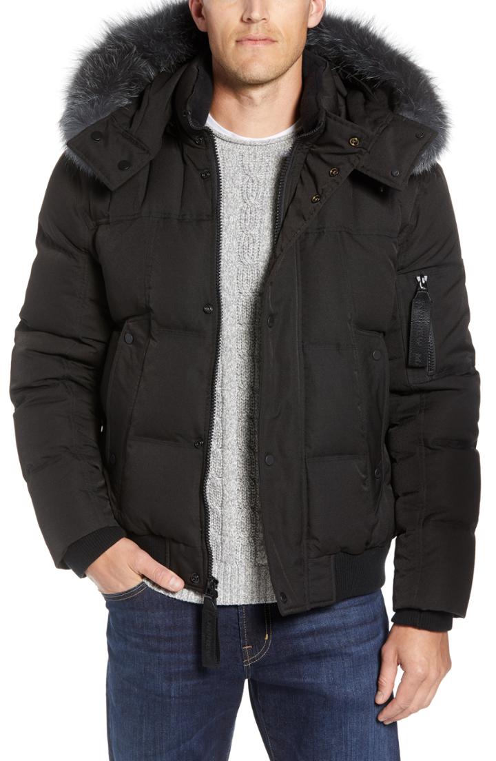 Men's Andrew Marc Bennett Genuine Fox Fur Trim Down Bomber Jacket - Black