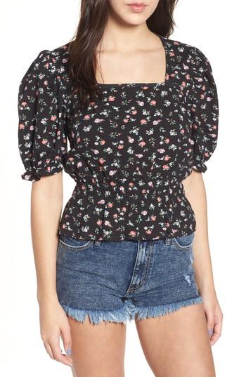 Women's Love, Fire Floral Print Smock Waist Top - Black