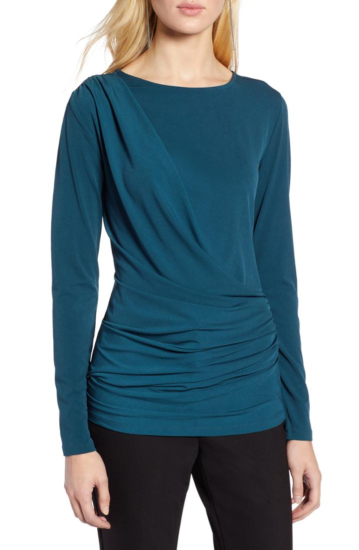 Petite Women's Halogen Drape Front Jersey Top, Size P - Blue/green