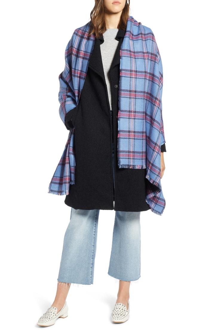 Women's Halogen X Atlantic-pacific Plaid Double Sided Blanket Wrap, Size - Blue