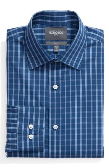 Men's Bonobos Wright Trim Fit Stretch Check Dress Shirt .5 - 32 - Blue