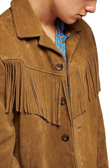Men's Topman Fringed Suede Western Jacket - Brown