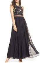 Women's Sequin Hearts Embellished Mock Two-piece Gown - Blue