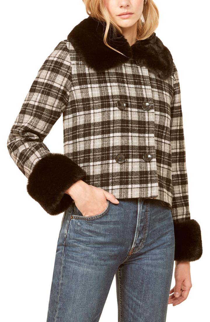 Women's Reformation Templeton Faux Fur Trim Coat - Black