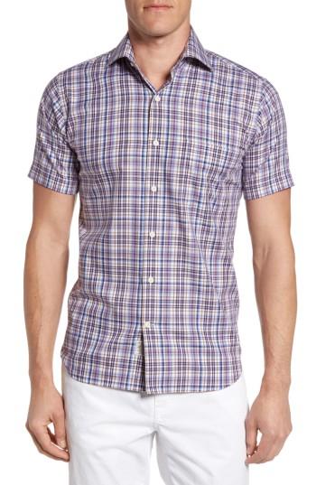 Men's Peter Millar Destination Plaid Short Sleeve Sport Shirt - Purple
