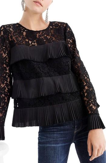 Women's J.crew Pleated Lace Top - Black