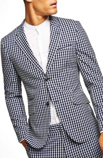Men's Topman Muscle Fit Check Suit Jacket 32 - Blue