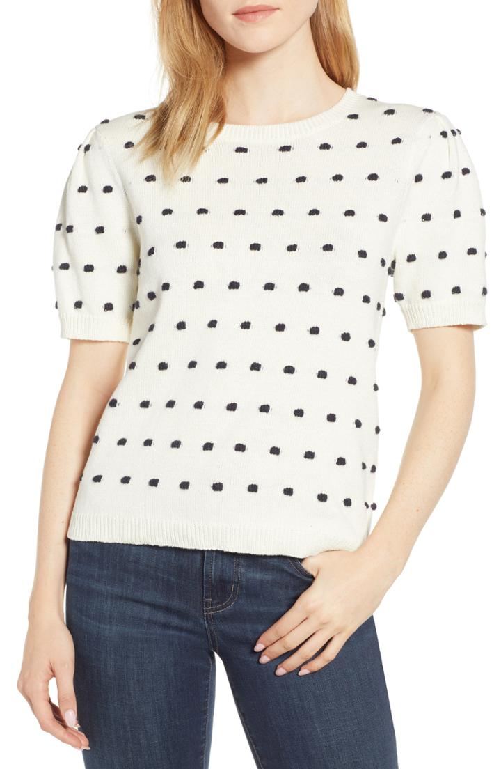 Women's Cece Mini Pompom Puff Sleeve Sweater, Size - White