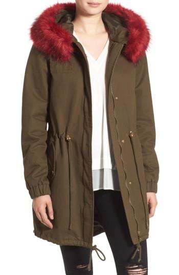 Women's Bebe Anorak With Faux Fur Ruff - Green
