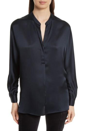 Women's Vince Band Collar Silk Blouse - Blue