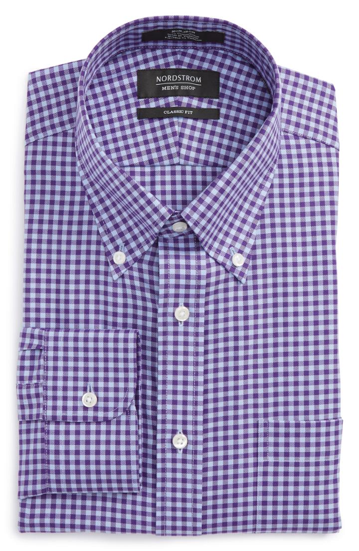 Men's Nordstrom Men's Shop Classic Fit Non-iron Gingham Dress Shirt .5 - 36 - Purple (online Only)