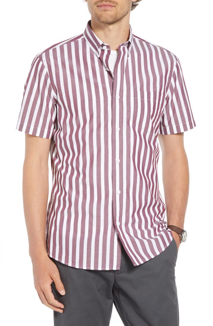 Men's 1901 Ivy Trim Fit Stripe Sport Shirt, Size - Burgundy