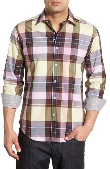 Men's Bugatchi Classic Fit Plaid Sport Shirt, Size - Green