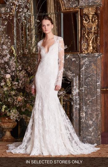 Women's Monique Lhuillier Haven Lace Trumpet Gown, Size In Store Only - White