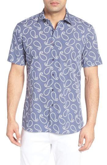 Men's Bugatchi Shaped Fit Paisley Dot Sport Shirt, Size - Blue