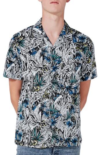 Men's Topman Floral Revere Collar Shirt, Size - Black